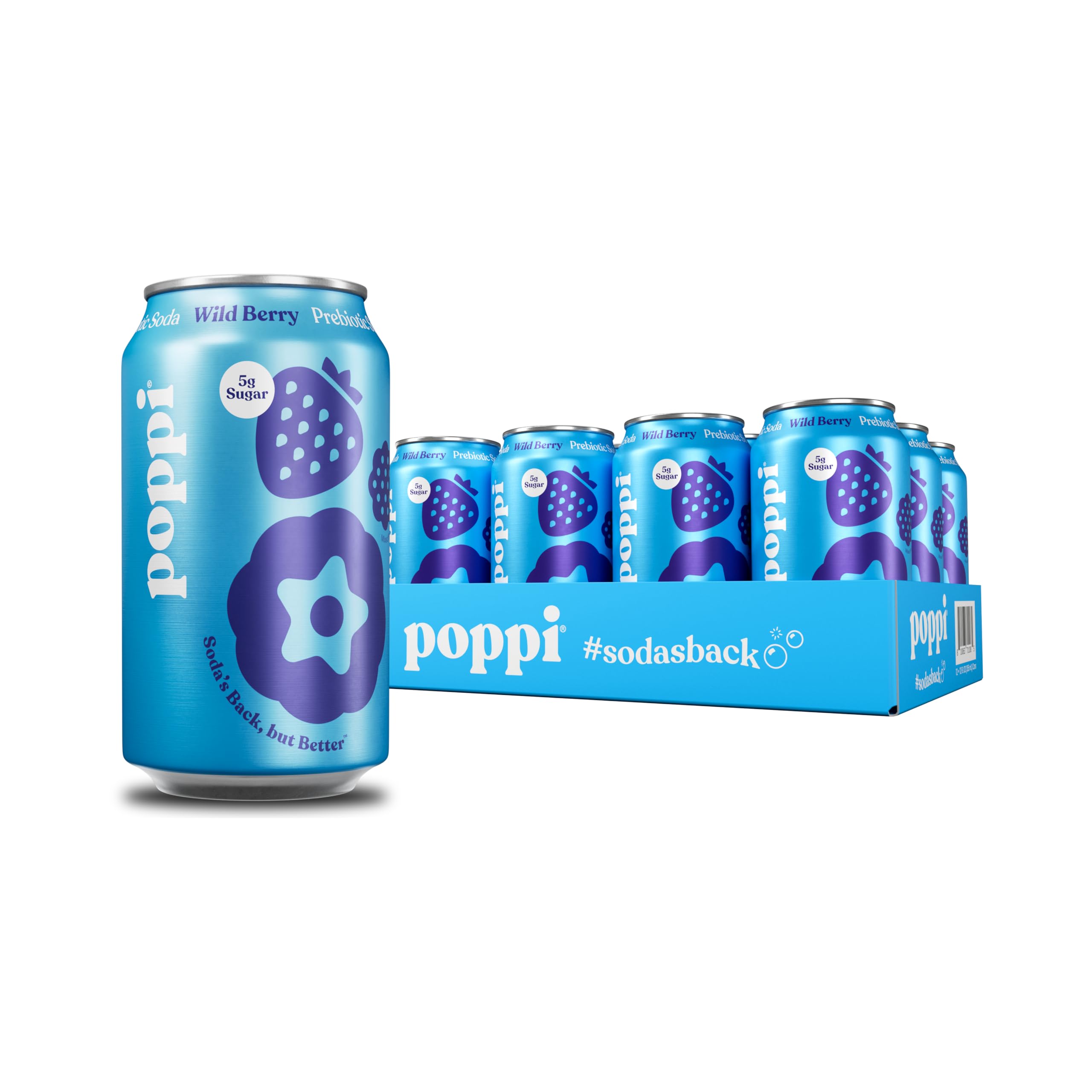 Poppi Wild Berry sparkling soda bottle with bright bubbles for a refreshing prebiotic sip.