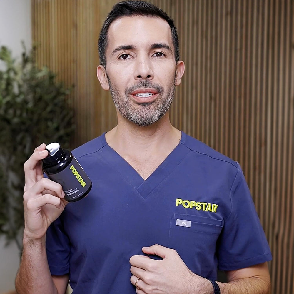 POPSTAR cap opening view with dosage guidance for daily use