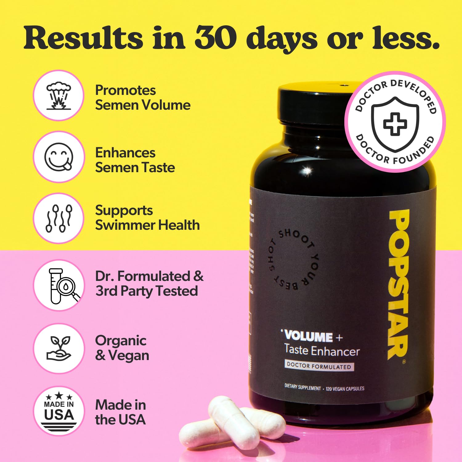 POPSTAR capsules close-up showing a 120-count supply for a monthly routine