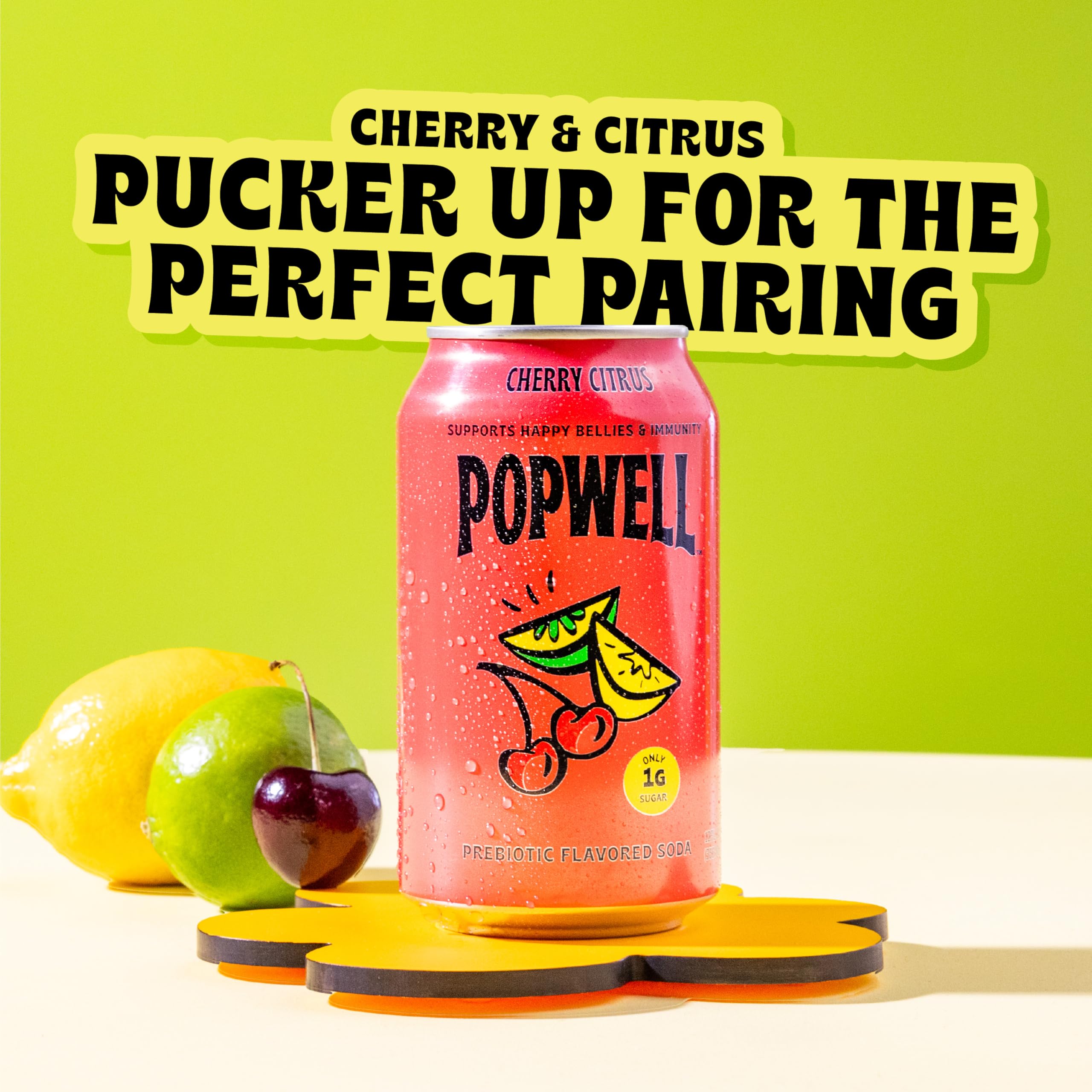 Popwell Cherry Citrus can closeup showing vitamins C and B for daily refreshment