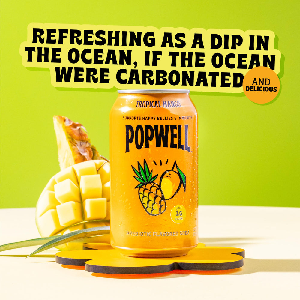 Popwell Tropical Mango can sideview, vibrant color signaling low-sugar, fiber-forward refreshment