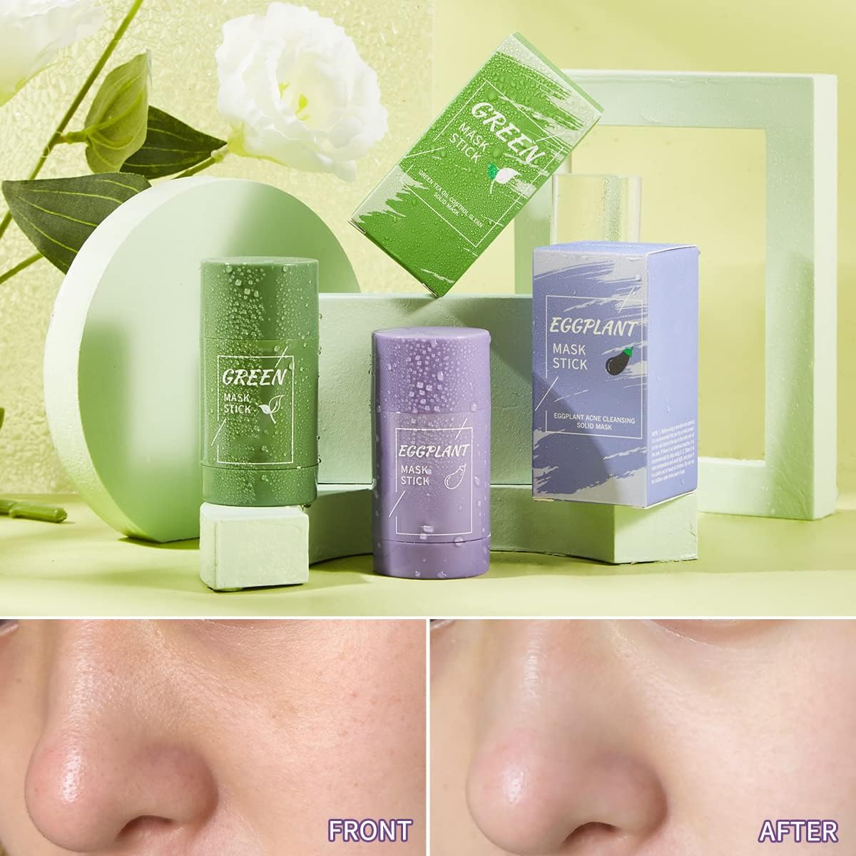 Porcolle Green Tea Mask Stick highlights green tea extract for pore cleansing.