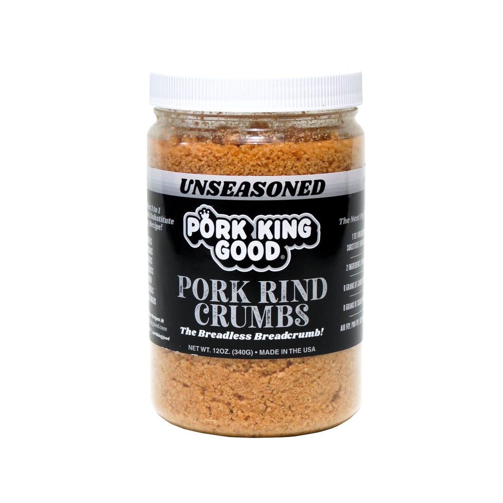 Pork King Good pork rind crumbs in a bowl ready to be used as a low-carb breading.