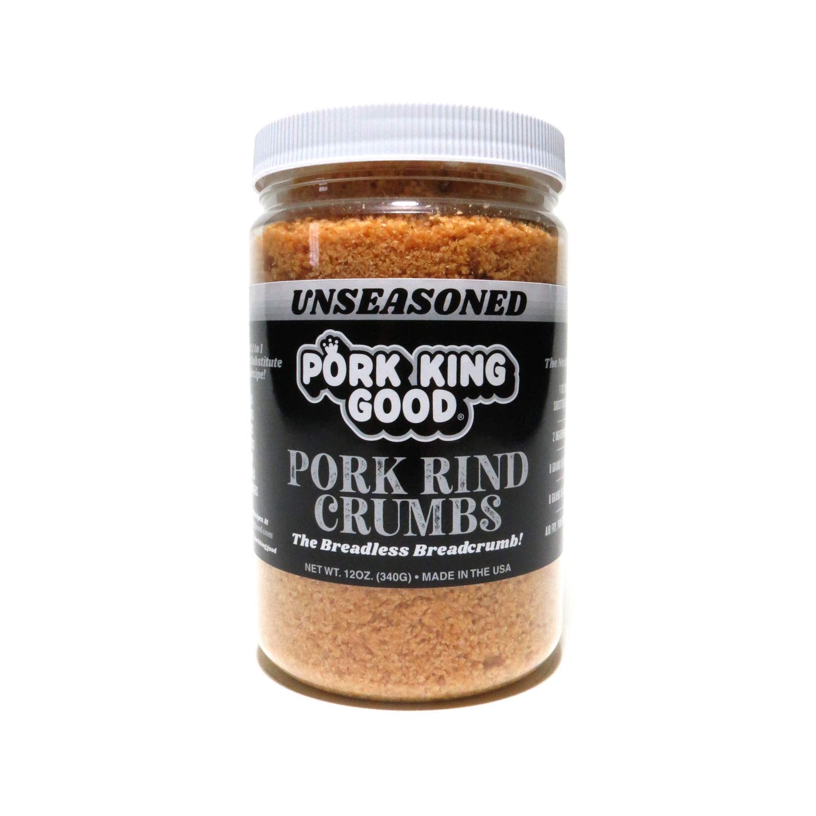 Pork King Good crumbs jar shows carb-free breadcrumb option for keto recipes.