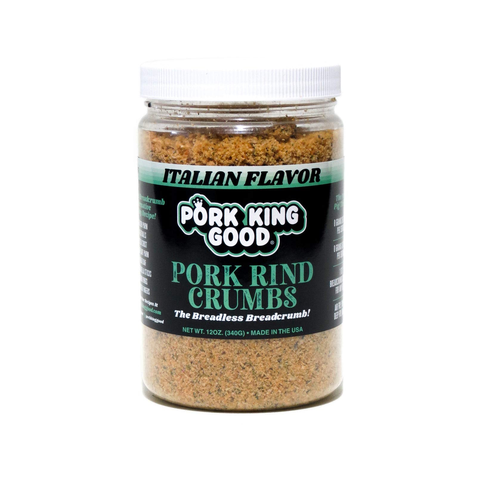 Pork King Good Italian pork rind crumbs jar ready for keto cooking.