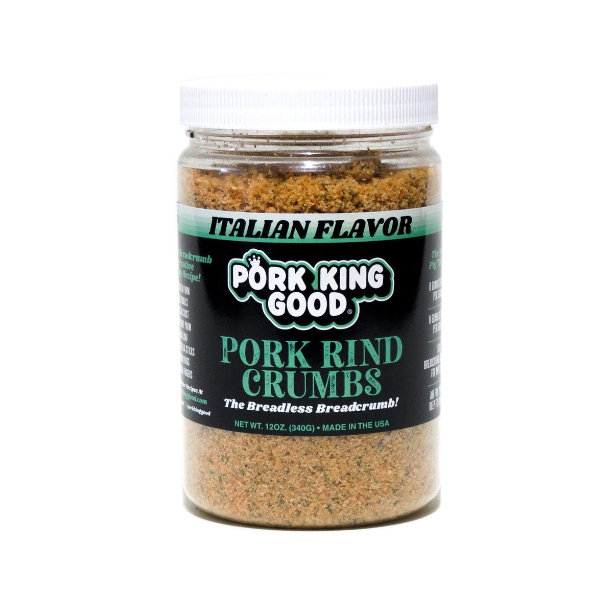 Pork King Good Italian pork rind crumbs jar ready for keto cooking.