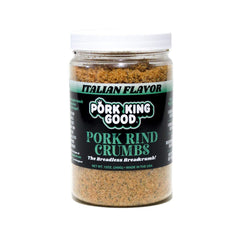 Pork King Good Italian pork rind crumbs jar ready for keto cooking.
