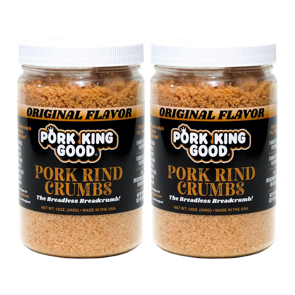 Pork King Good pork rind crumbs jar original flavor for easy low-carb breading.