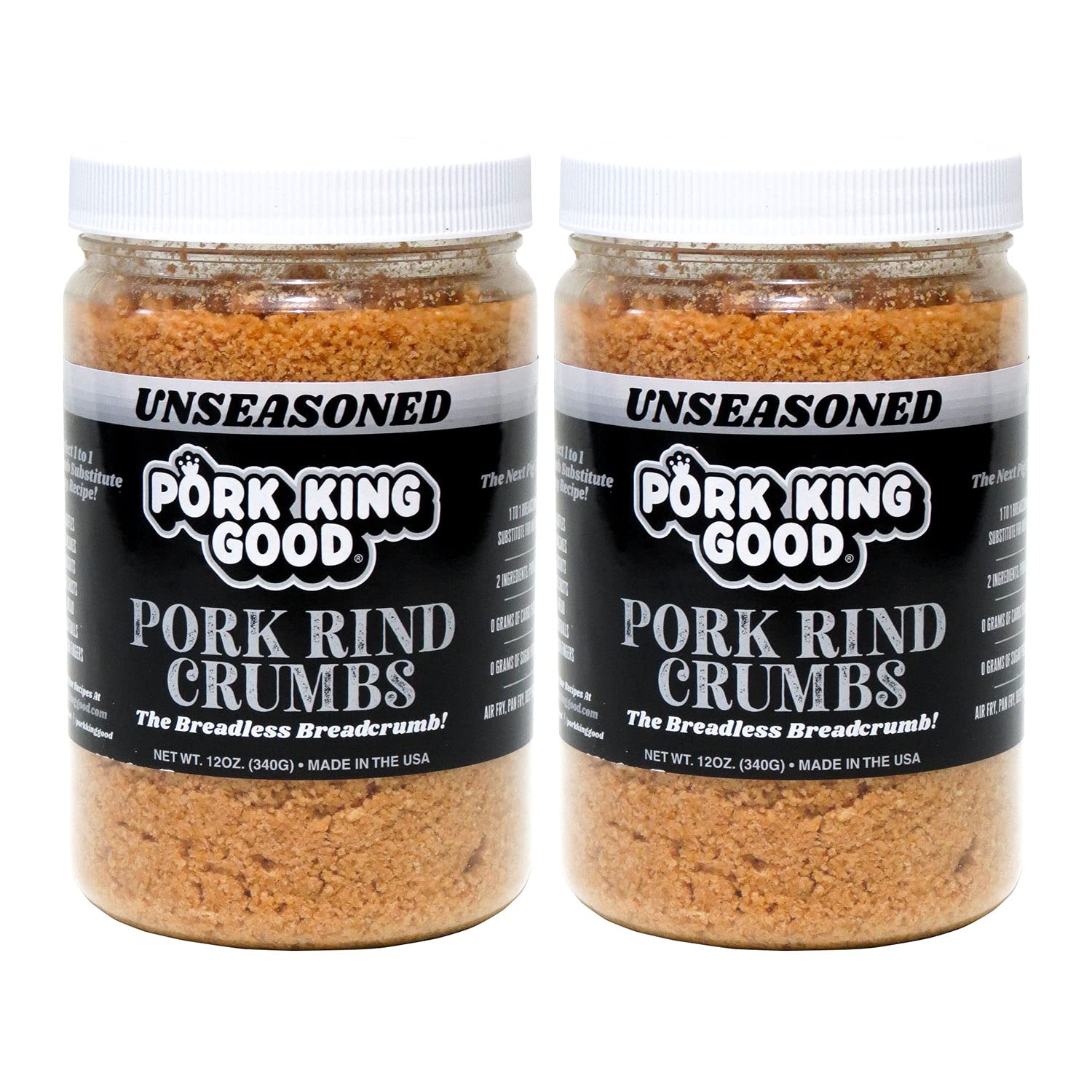 Pork King Good pork rind crumbs in a jar setup for easy measuring and freshness.
