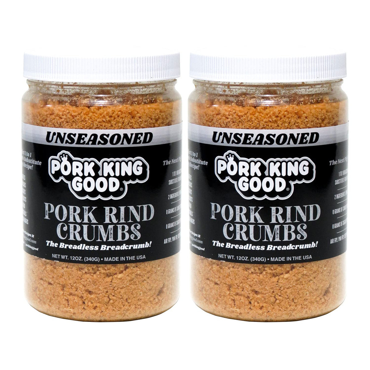 Pork King Good pork rind crumbs in a jar setup for easy measuring and freshness.