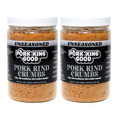Pork King Good pork rind crumbs in a jar setup for easy measuring and freshness.