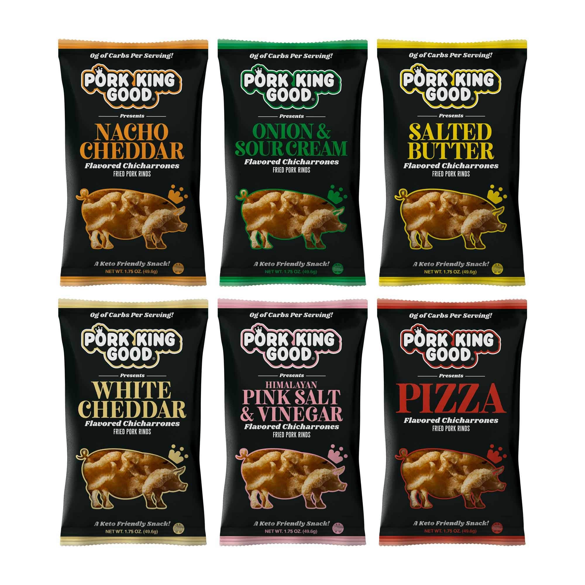Pork King Good pork rinds variety six-pack front view for sharing