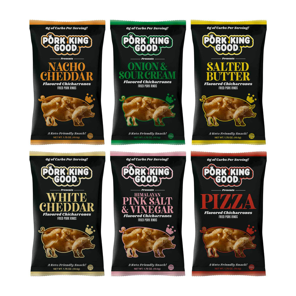 Pork King Good pork rinds variety six-pack front view for sharing