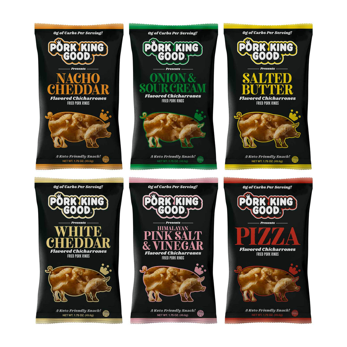 Pork King Good pork rinds variety six-pack front view for sharing