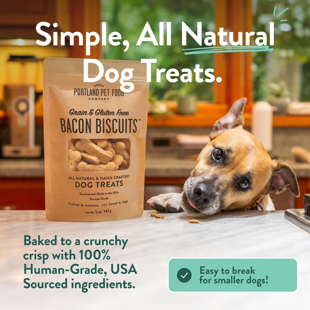 Closeup of Portland bacon dog treats reveals crunchy, grain-free texture loved by dogs.