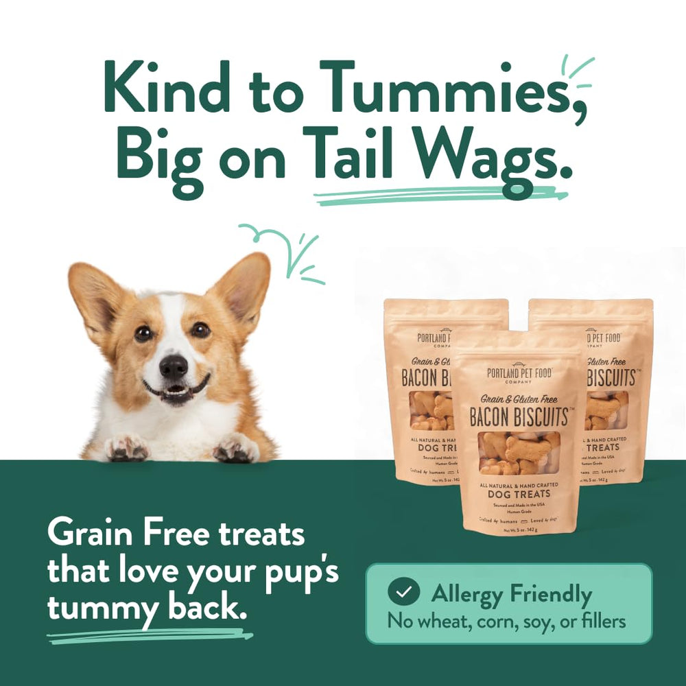 Portland Pet Food Company Bacon Dog Treats USA-made packaging ensuring quality.