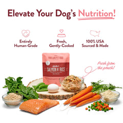 Portland Pet Food Wally’s Salmon N’ Rice pouch closeup with clear ingredients