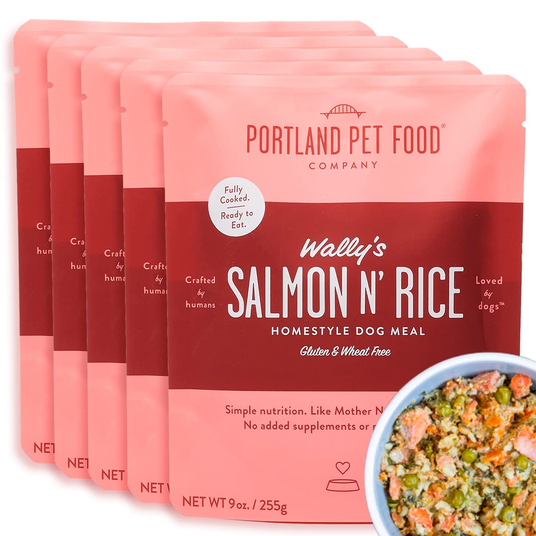 Portland Pet Food Wally’s Salmon N’ Rice pouch open showing ready-to-serve topper