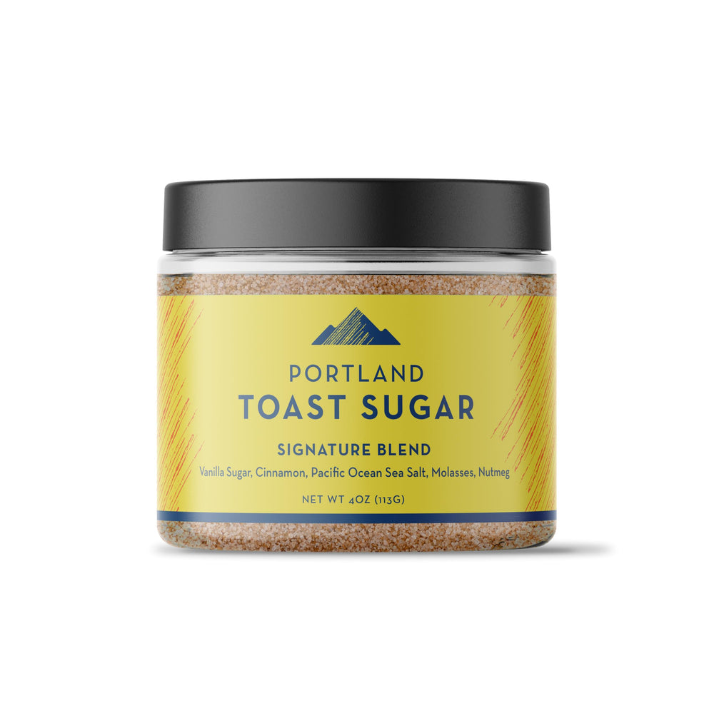 Portland Salt Co Toast Sugar Blend bottle showing vanilla-cinnamon sweetness for breakfasts