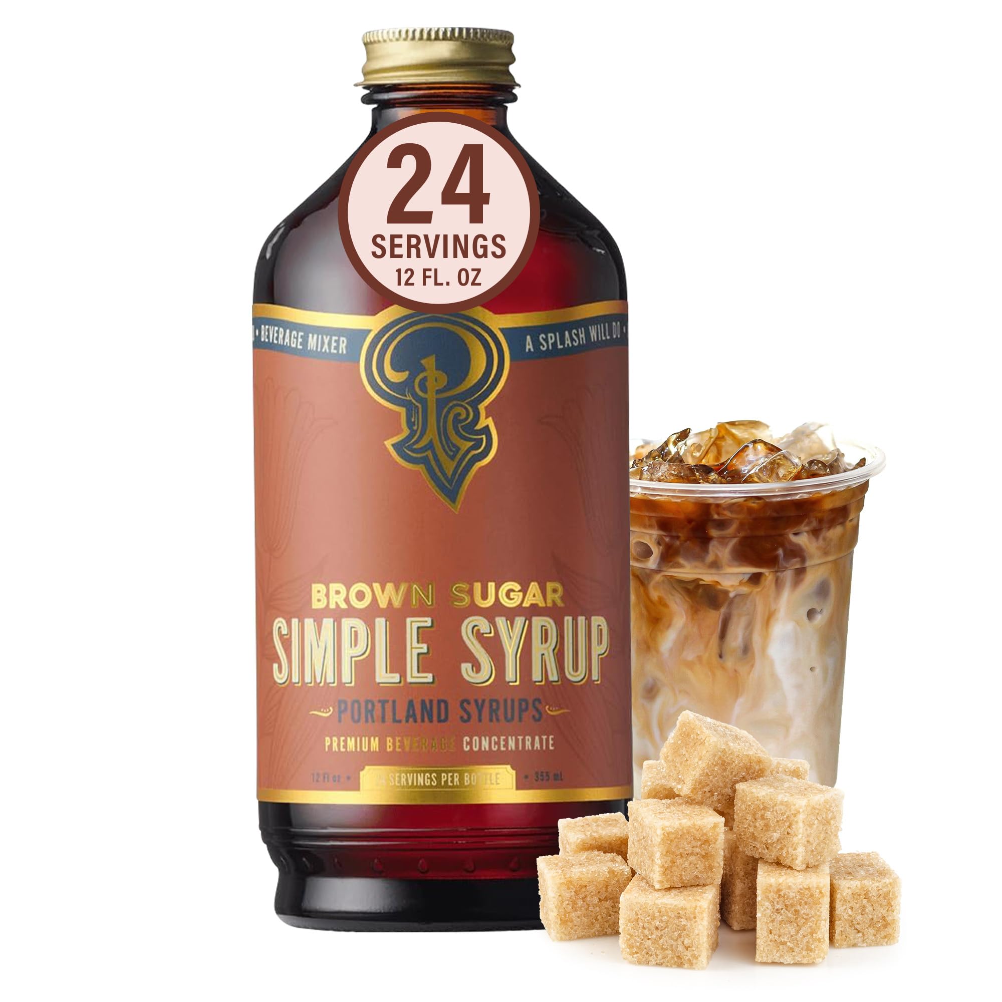 Portland Syrups Brown Sugar Simple Syrup bottle on bar, ideal for cocktails and coffee.