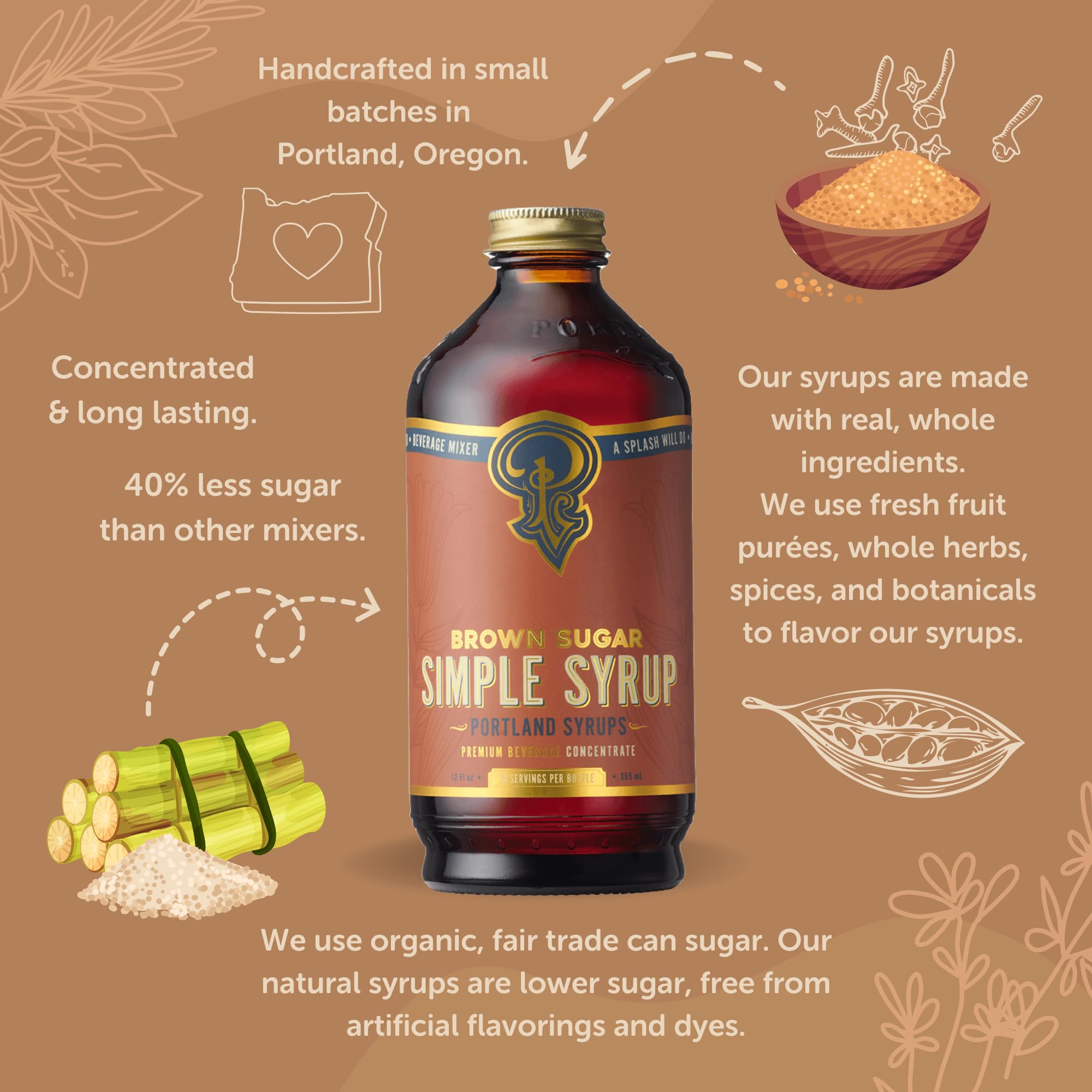 Portland Syrups Brown Sugar Simple Syrup bottle with ingredients display, premium small-batch quality.