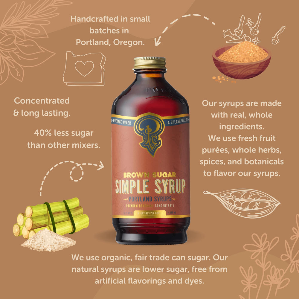 Portland Syrups Brown Sugar Simple Syrup bottle with ingredients display, premium small-batch quality.
