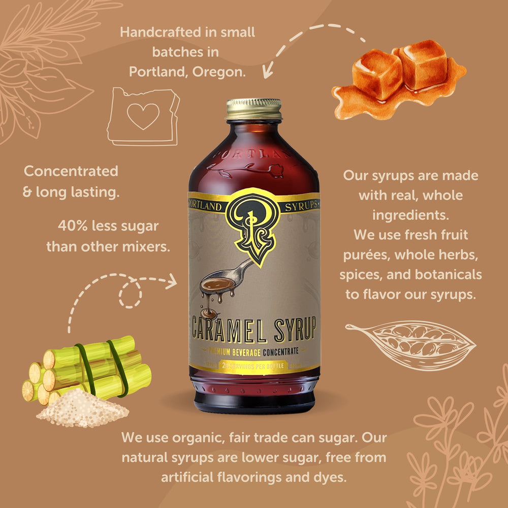 Cocktail glass with Portland Syrups Caramel Syrup as a versatile flavor accent.