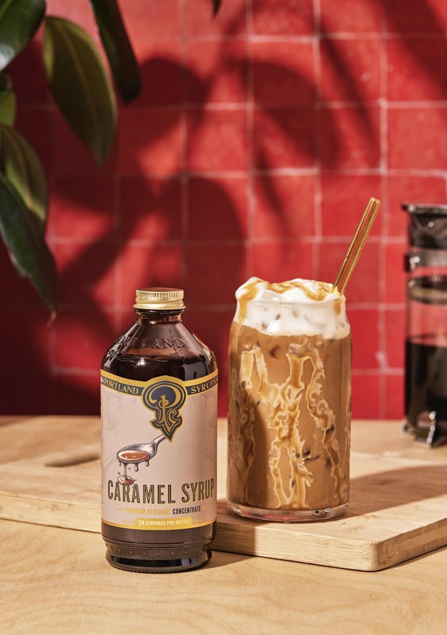Refrigerated Portland Syrups Caramel Syrup bottle for freshness and pantry life.
