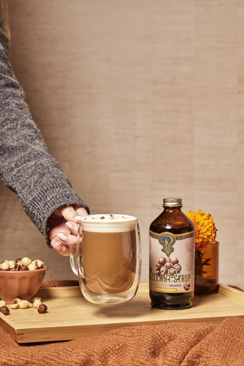 Vegan and gluten-free badge visible on Portland Hazelnut Syrup bottle
