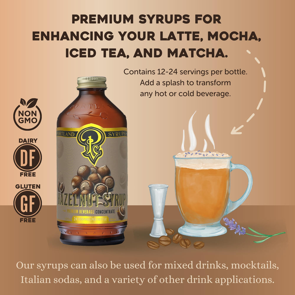 Close-up of Portland Syrups Hazelnut Syrup in a mug for a cozy morning