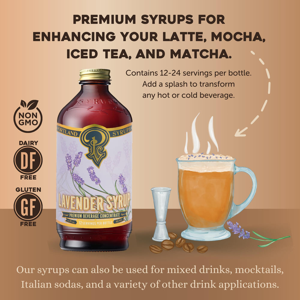 Portland Syrups Lavender Syrup glass highlights herbaceous notes for refreshing beverages.
