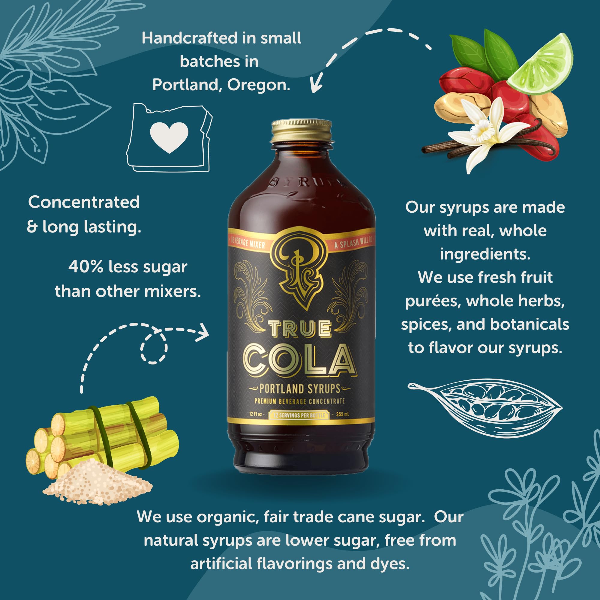Close-up of Portland Syrups True Cola label highlighting natural ingredients