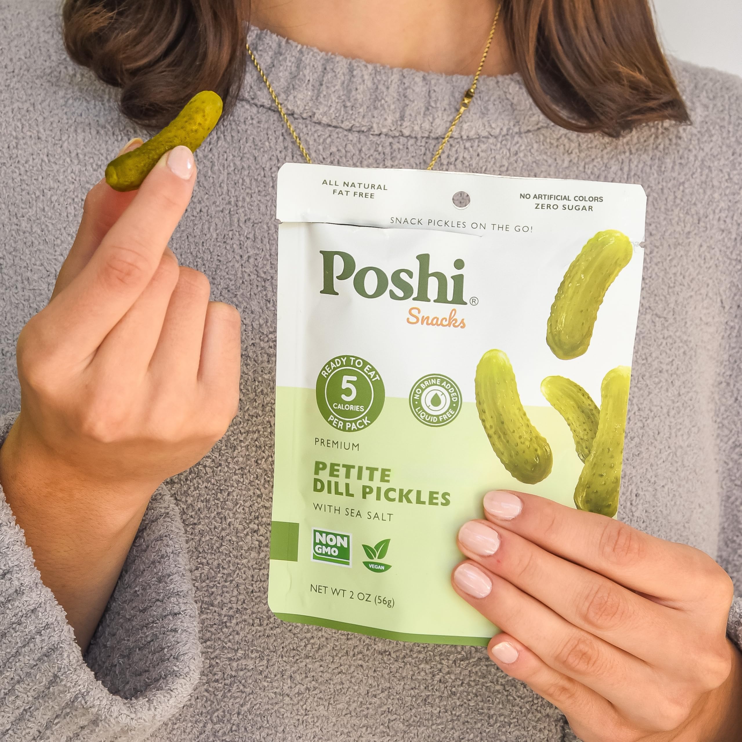 Poshi mini pickles in resealable pouch underlining freshness and convenience.