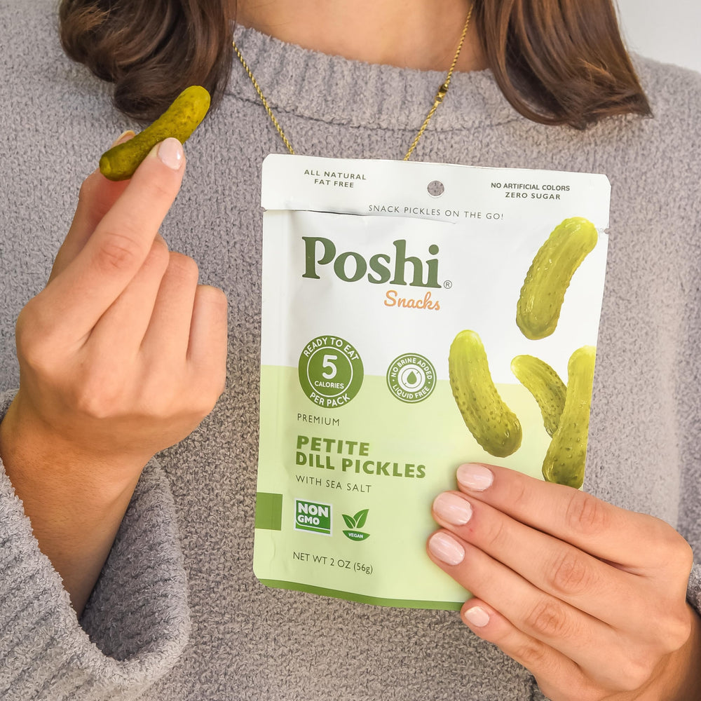 Poshi mini pickles in resealable pouch underlining freshness and convenience.