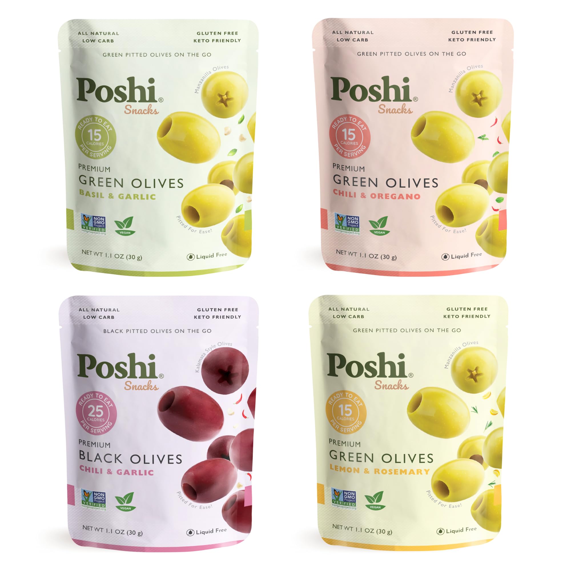 Poshi olives assorted flavors in a convenient pouch for on the go snacking