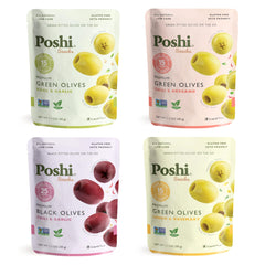 Poshi olives assorted flavors in a convenient pouch for on the go snacking