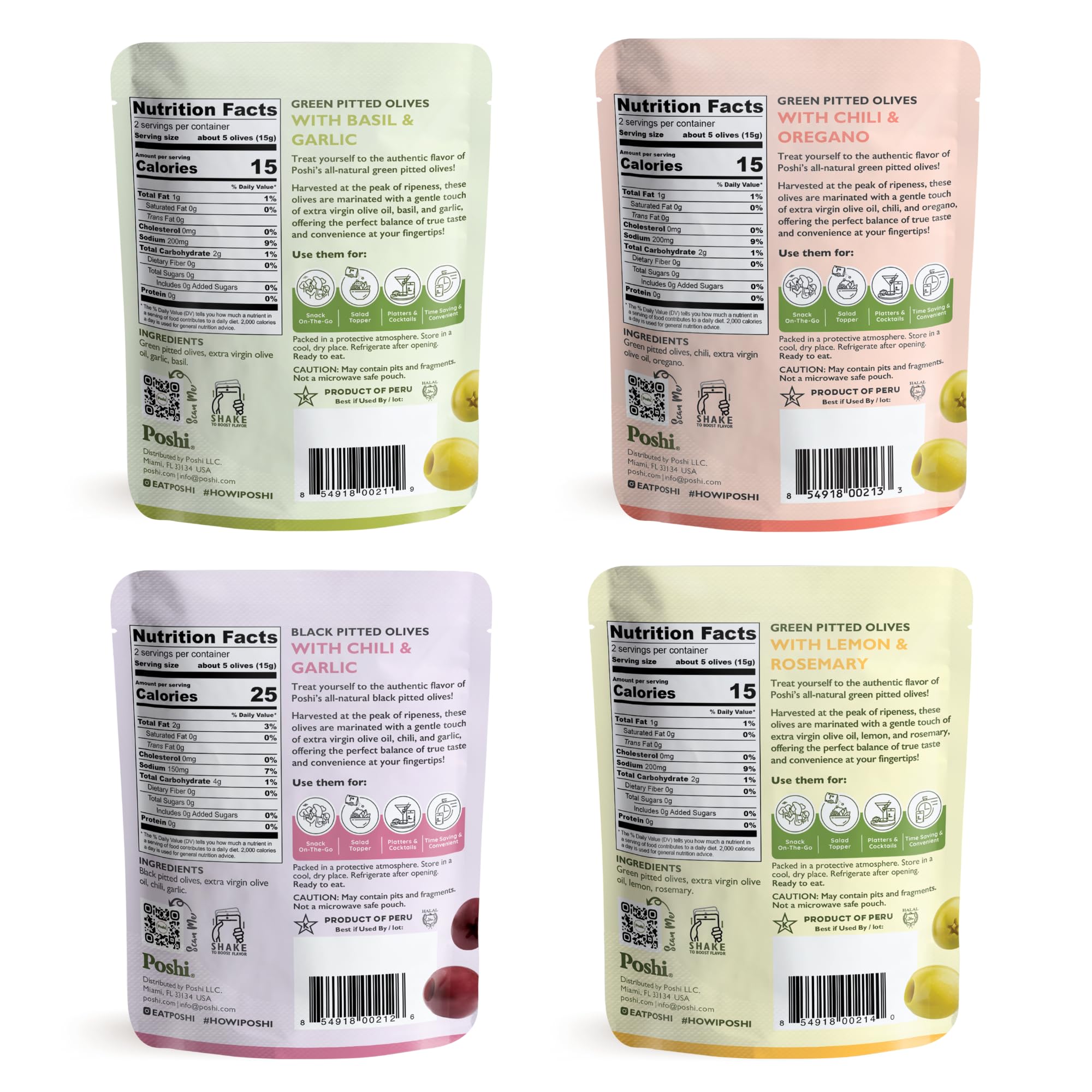 Poshi basil garlic olives in a pouch offering fresh, vibrant taste