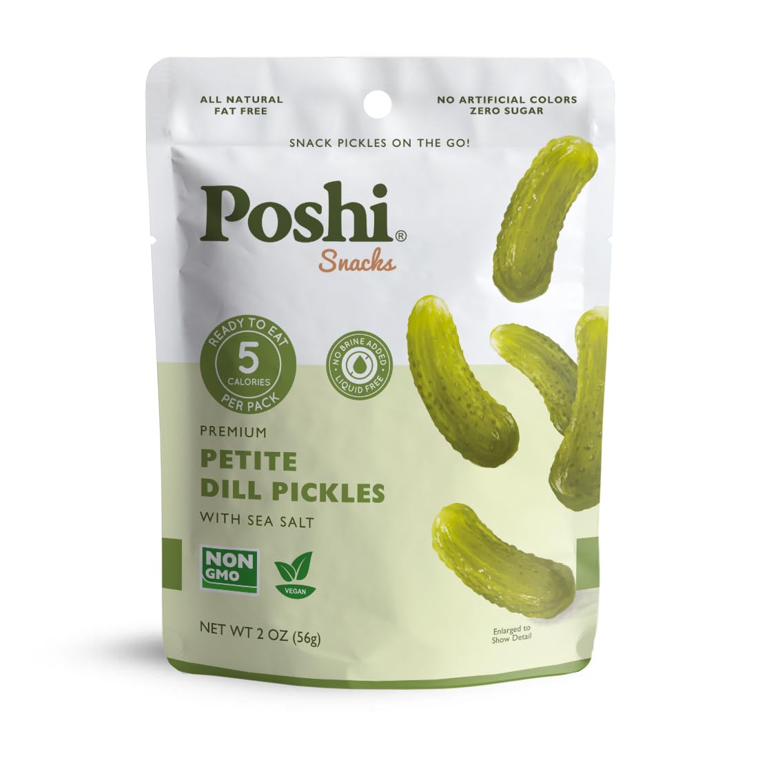 Poshi Petite Dill Pickles with Sea Salt in a pouch for on-the-go snacking.