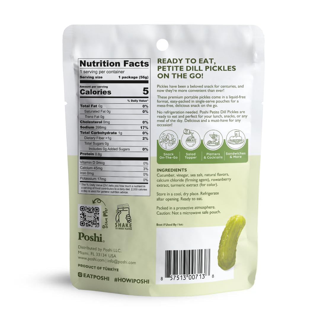 Poshi ready-to-eat petite dill pickles in a single-serve pouch for mess-free snacking.