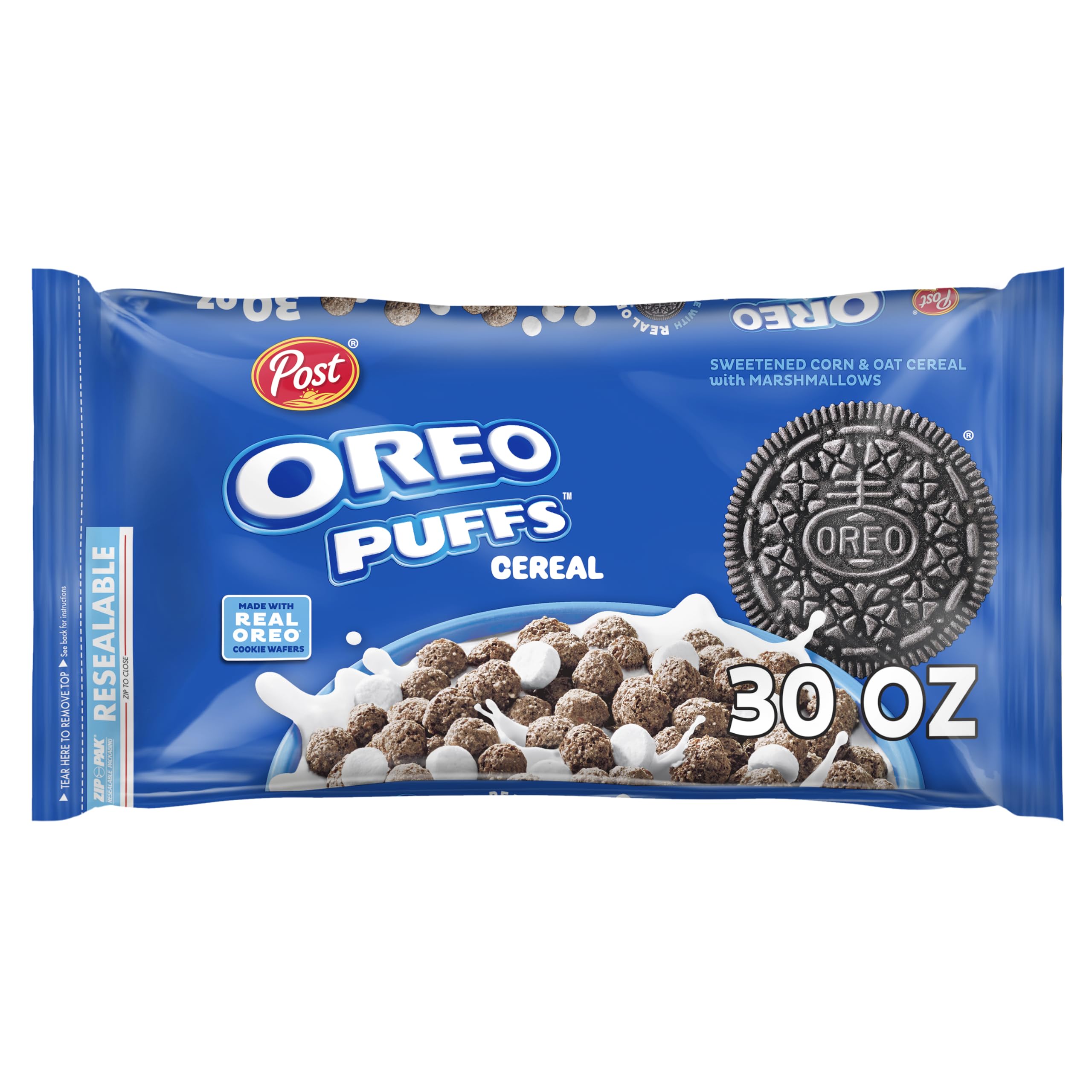 Post OREO PUFFS cereal bowl with chocolate puffs offers a nostalgic breakfast