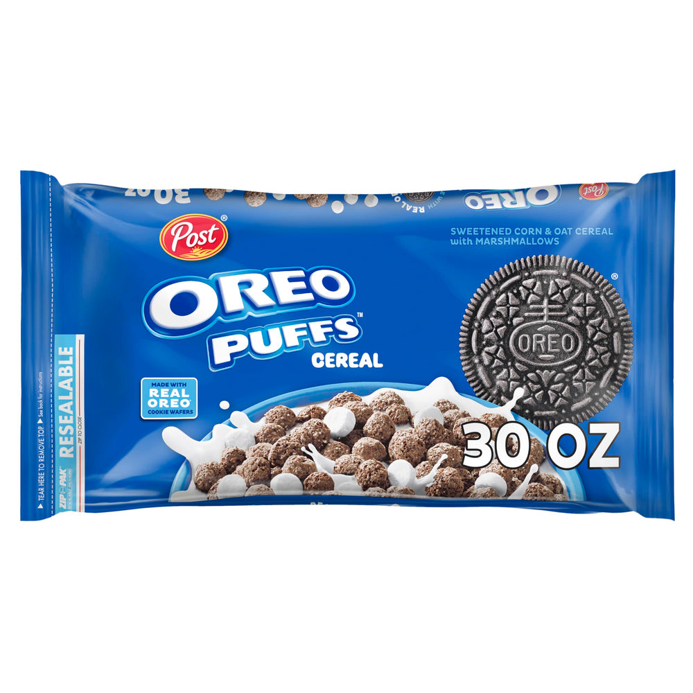 Post OREO PUFFS cereal bowl with chocolate puffs offers a nostalgic breakfast