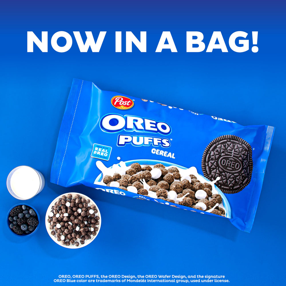 Post OREO PUFFS pour milk to reveal a rich chocolatey finish