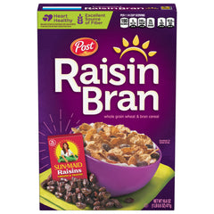 Post Raisin Bran in a bowl with milk for a fiber-rich breakfast.