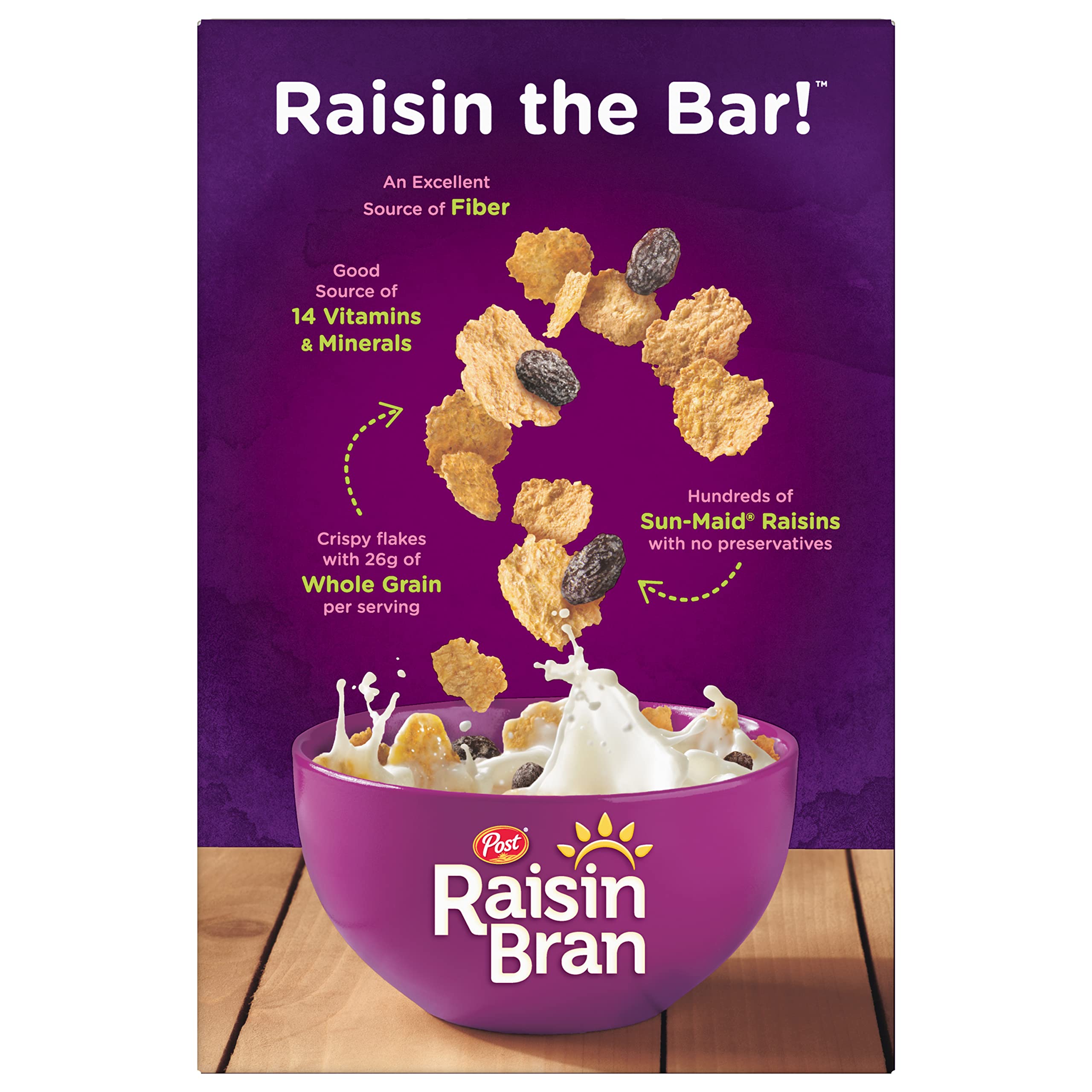 Post Raisin Bran box front highlighting whole grain goodness.