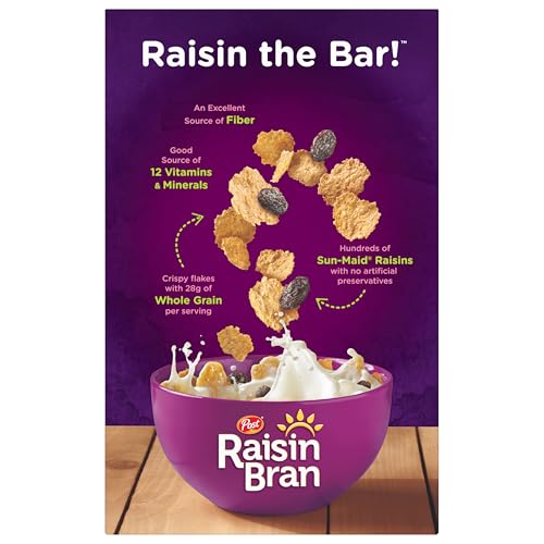 Box of Post Raisin Bran 25 oz on shelf for pantry access.