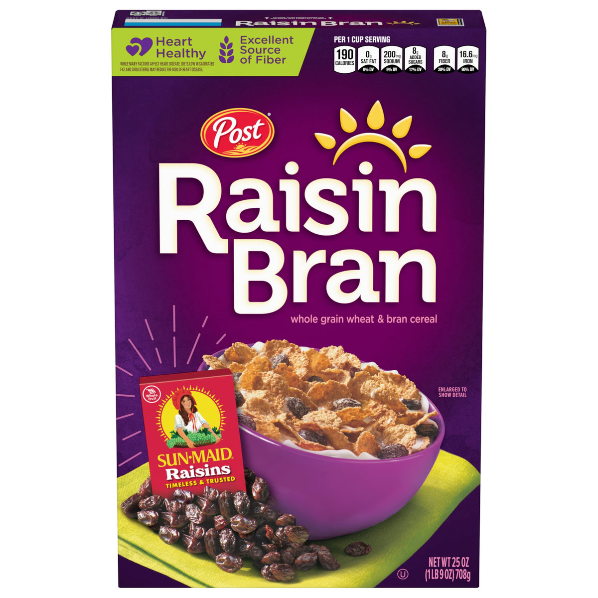 Post Raisin Bran cereal with Sun-Maid raisins, chewy sweetness and fiber.