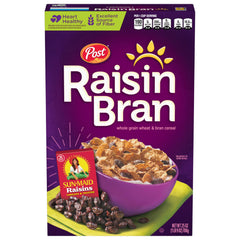 Post Raisin Bran cereal with Sun-Maid raisins, chewy sweetness and fiber.
