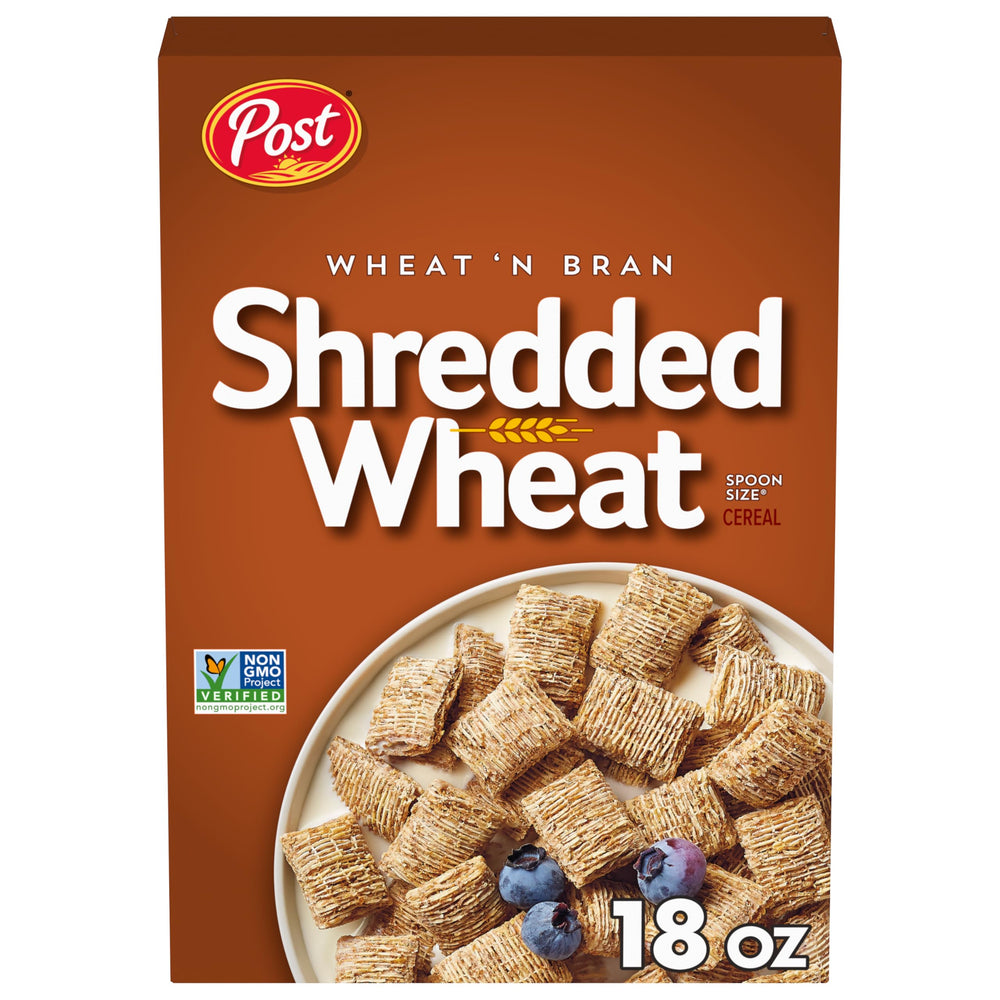 Post Wheat N Bran box on a kitchen counter signaling a fiber-rich breakfast