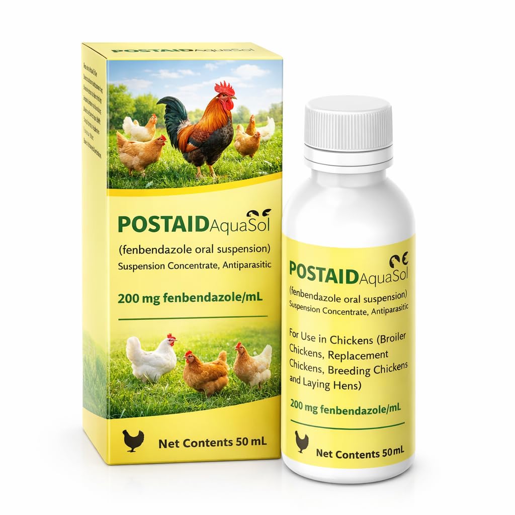 Postaid chicken dewormer bottle being poured for easy dosing in flocks