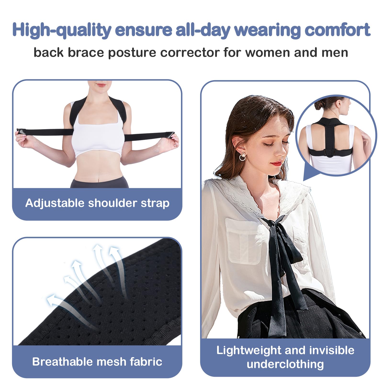 Posturace lumbar-shoulder-neck brace supporting posture during work and workouts.
